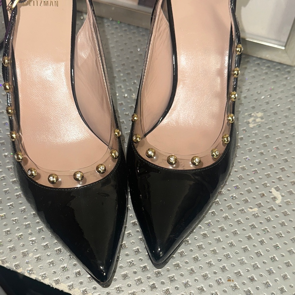 Stuart Weitzman Black and Gold Studded Heels - Picture 4 of 12